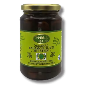 Original Kalamon Oliven Sterna 1821 -Oliven Original Kalamon - fruchtig & mild, eingelegt in Natives Olivenöl Extra nicht gefärbt, Sortenrein aus Sternas-Messinias, Kalamata Greece.