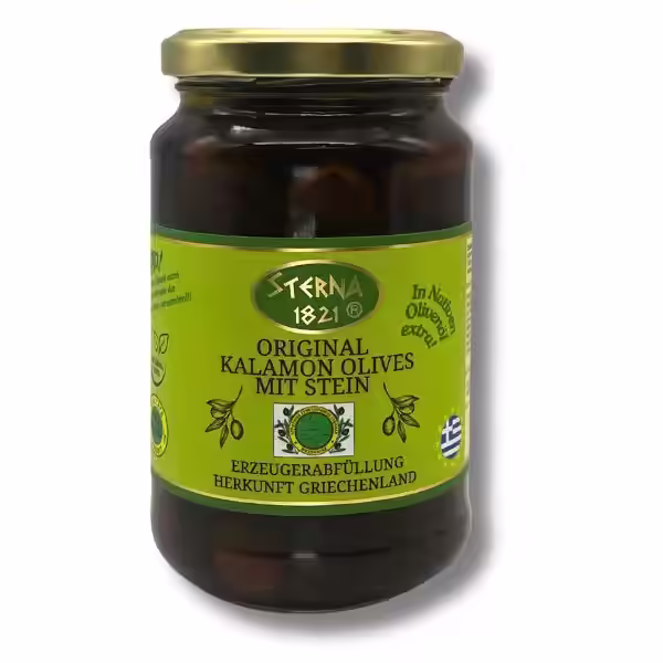 Original Kalamon Oliven Sterna 1821 -Oliven Original Kalamon - fruchtig & mild, eingelegt in Natives Olivenöl Extra nicht gefärbt, Sortenrein aus Sternas-Messinias, Kalamata Greece.