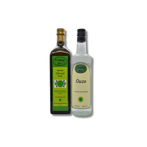 Die Kombi 1 Sterna 1821 - besteht aus 1000 ml Nativen Olivenöl Extra und 700 ml Ouzo Sterna - Kombination zum Sparen