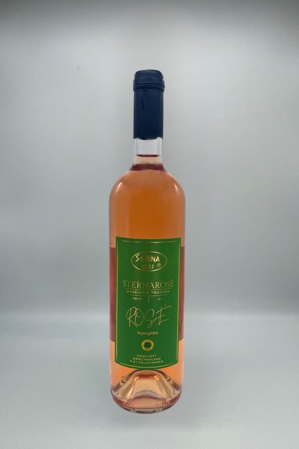 Sternaroséwein01 Agiorgitiko Porduktbild 1 Sternarotwein Cabernt Sauvignon, 100 % Sortenrein. Traditionell geerntet & Holzfässern gereift.Intensiver & fruchtiger Geschmack, aromatisch langer Abgang, niedriger Säuregehalt, trocken.Ohne Zusatzstoffe, Farbstoffe und Konservierungsstoffe.Aus dem geschützen Anbaugebiet Peloponnes, Griechenland