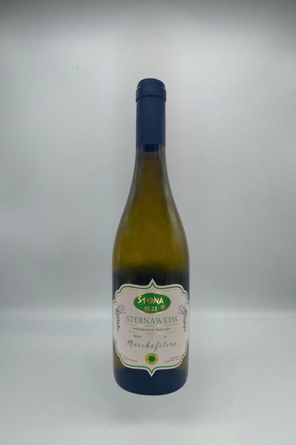 Sternaweisswein 01 Moschofilero Moschofilero, echter griechischer Weisswein, zarter & fruchtiger Geschmack mit einer aromatischen Nuance, strahlende goldgrüne Struktur, trocken, aus dem geschützen Anbaugebiet Peloponnes.